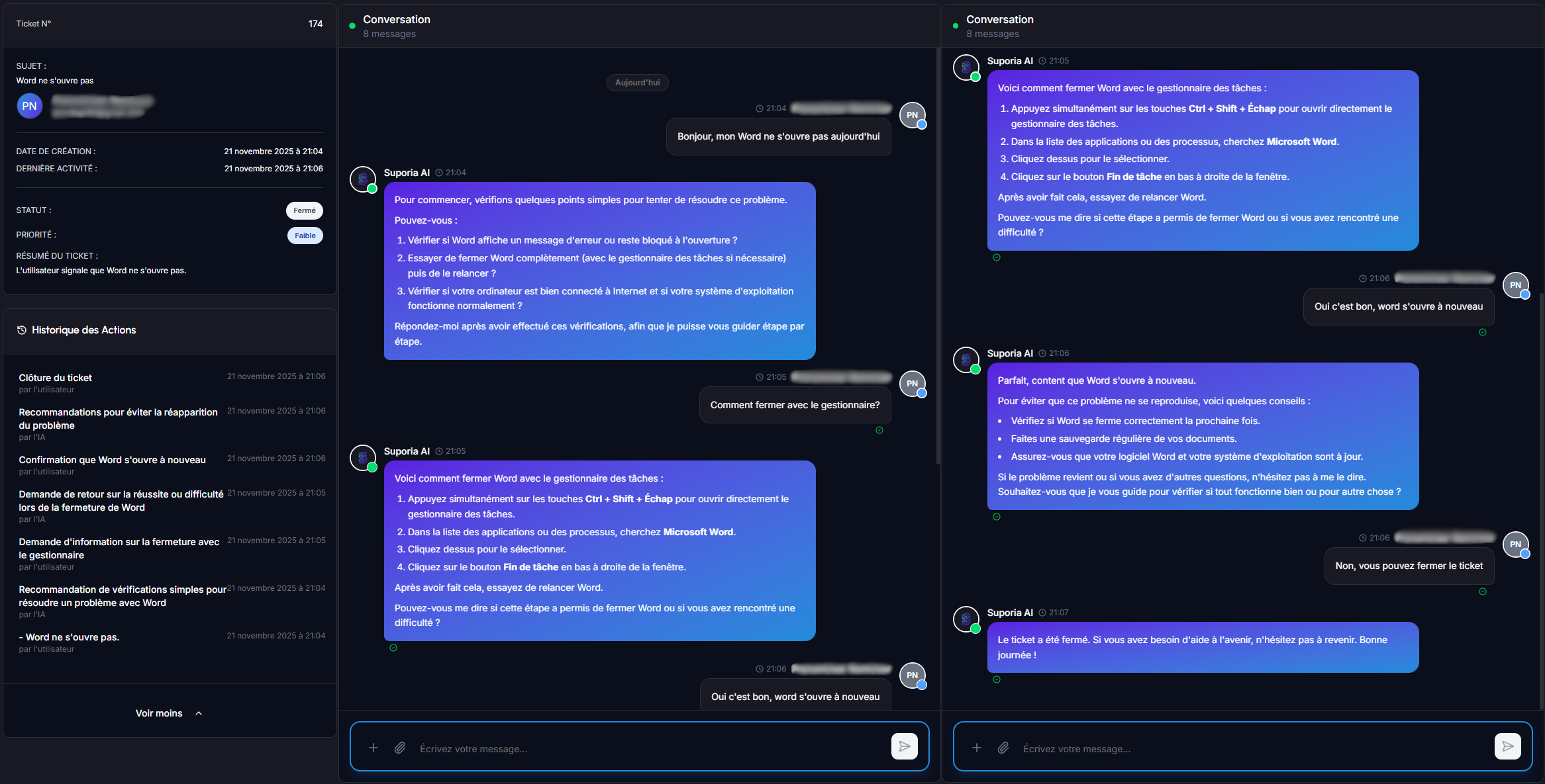 Interface Suporia - Traitement des tickets